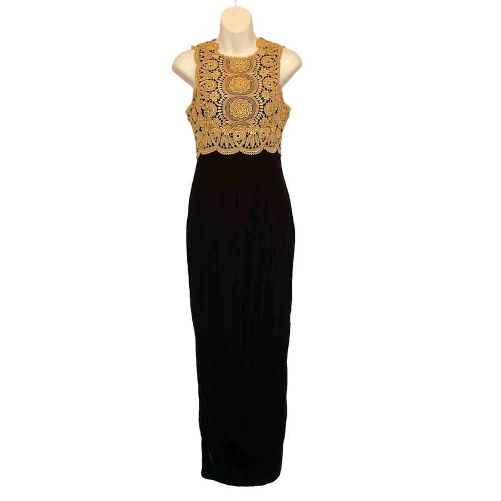 Jessica McClintock Vintage Gold Embroidered Black Velvet Dress Sleeveless Formal